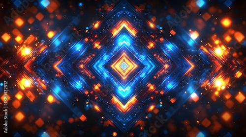 Abstract Neon Lights Background Symmetrical Blue and Orange Glowing Geometric Pattern