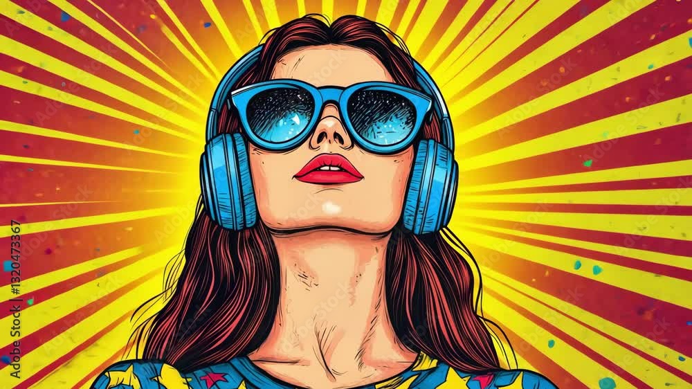 Young caucasian woman with headphones and sunglasses in vibrant pop art style