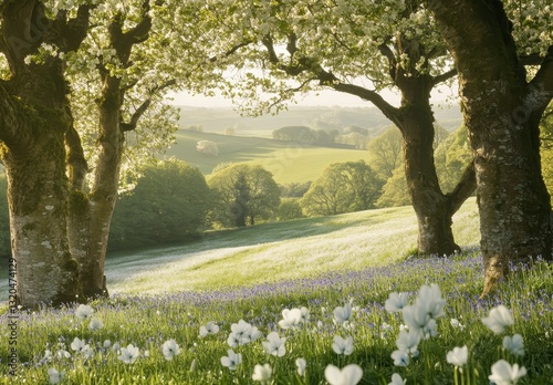 Wallpaper Mural Peaceful Spring Landscape with Blooming Flowers and Lush Green Trees in a Sunlit Meadow, Capturing Nature's Beauty and Tranquility Torontodigital.ca