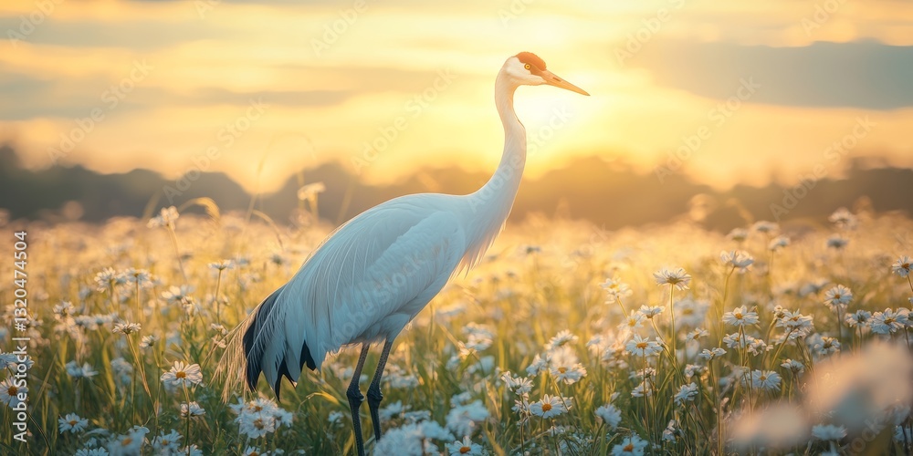 Fototapeta premium Whooping crane enjoying sunset in blooming meadow during spring migration