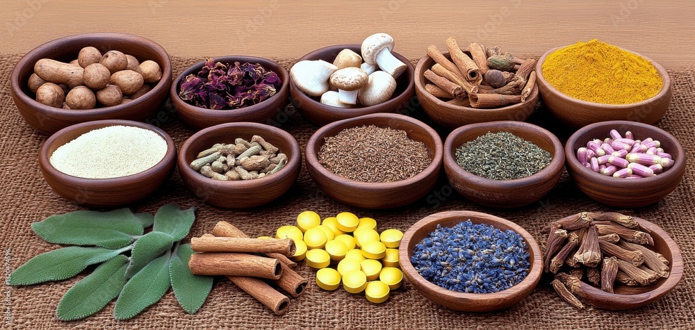 A array of spices in bowls, showcasing a colorful selection of herbs and spices for culinary inspiration and cooking creativity. and seasonings in wooden bowls, ideal for gourmet food preparation A array of spices in bowls, showcasing a colorful selection of herbs and spices for culinary inspiration and cooking creativity. and seasonings in wooden bowls, ideal for gourmet food preparation