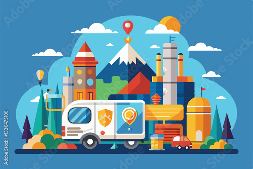 A colorful semi-flat vehicle is set in a lively landscape featuring mountains, trees, and buildings, Sponsor Customizable Semi Flat Illustration