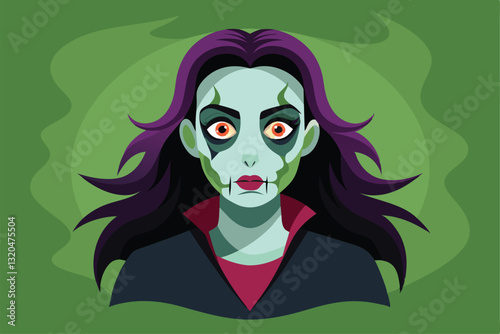 A spooky self-makeup look features green skin, dramatic eyes, and flowing dark hair, perfect for Halloween, Spooky self makeup Customizable Flat Illustration