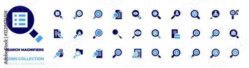 Search magnifiers icon collection. Bold style. Duotone colors. market research, document, search, magnifying glass, newspaper, loupe, clipboard, job, searching