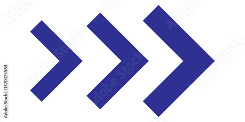 Blue chevron arrows. Repeated V shaped stripes. Motion or orientation, download, road caution, look here, next to, military or navigation signs isolated on white background. Vector illustration. EPS10