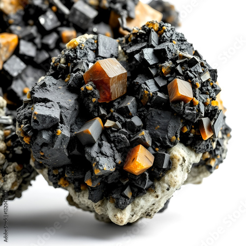 High-resolution close-up images of arsenic ore specimens, showcasing their crystalline structures against a stark white background.