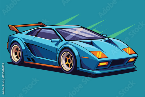 A uniquely styled sports car with sharp angles and bold colors stands out in a dynamic setting, Sports car Customizable Disproportionate Illustration