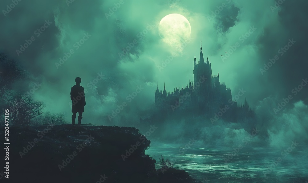 Fototapeta premium a person standing on a cliff overlooking a mysterious castle under a full moon.