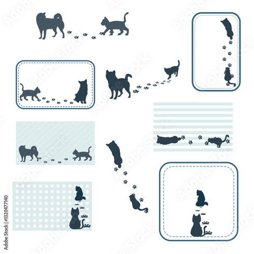 足跡をつけながら歩く犬と猫のシルエットセット