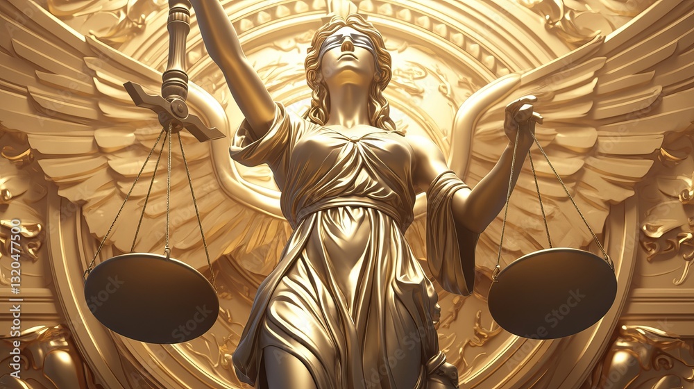 Themis statue with scales of justice and judge's gavel on golden background, symbolizing bankruptcy law and legal authority concept