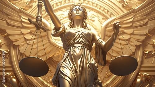 Obraz na płótnie Themis statue with scales of justice and judge's gavel on golden background, symbolizing bankruptcy law and legal authority concept w salonie