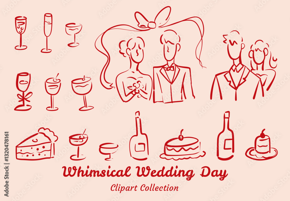 Fototapeta premium Hand-Drawn Whimsical Wedding Clipart Cute and Lighthearted Design For Invitations and Cards