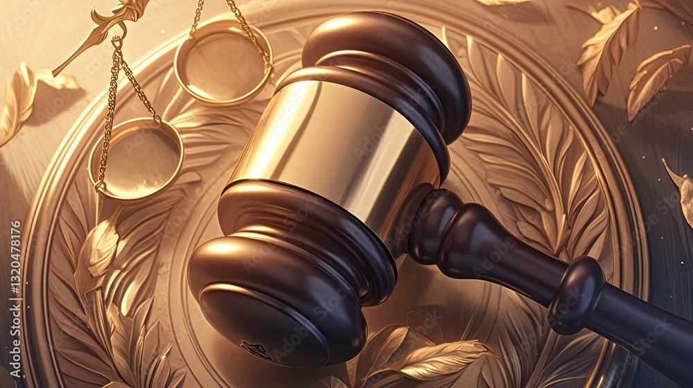 Themis statue with scales of justice and judge's gavel on golden background, symbolizing bankruptcy law and legal authority concept