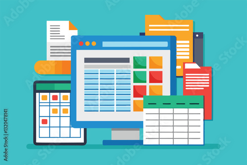 Different devices showcase customizable spreadsheets and various document types on a teal background, Spreadsheets Customizable Flat Illustration