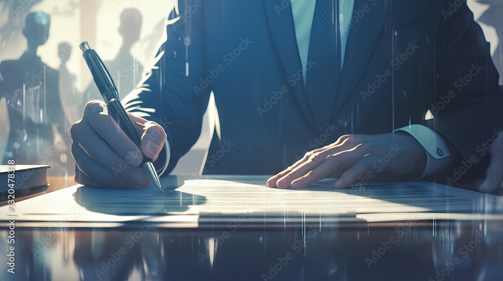 Businessman and lawyer discussing contract document, negotiating terms and signing agreement for legal business partnership concept