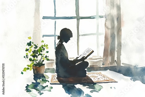 Watercolor painting of a person’s silhouette beside a window, deeply engaged in reading the Quran, with a small prayer mat beneath them