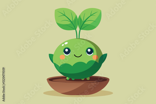 A cheerful sprout with big eyes and green leaves is growing happily in a brown pot, radiating joy, Sprout Customizable Flat Illustration