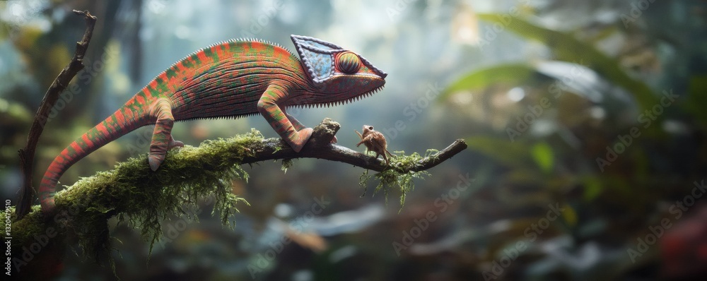 Fototapeta premium A colorful chameleon and tiny bird perched on a branch together