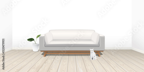 Living room with blank white wall and whitewashed wooden floor have sofa, plant pot and cat graphic illustration.