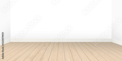 Empty room with blank white wall and whitewashed wooden floor graphic illustration.
