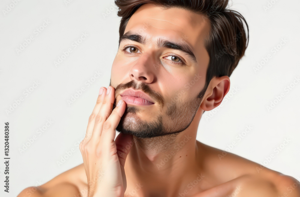 Obraz premium Caucasian young adult male with beard touching face, contemplative expression