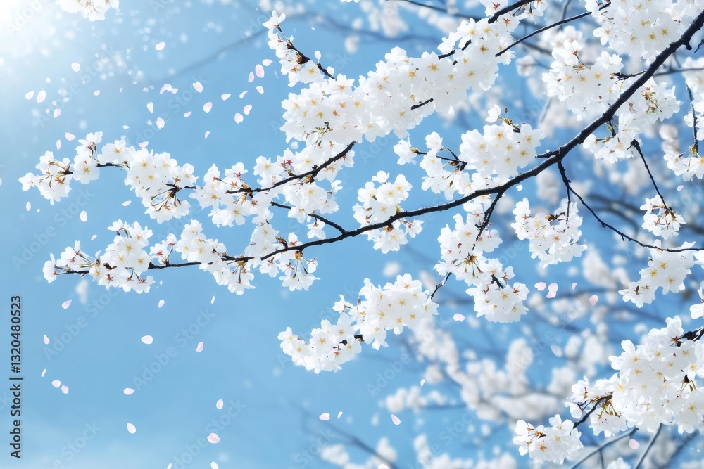 White cherry blossom petals falling from a blooming tree branch against a blue sky White cherry blossom petals falling from a blooming tree branch against a blue sky
