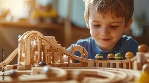 Child engrossed in wooden toy track