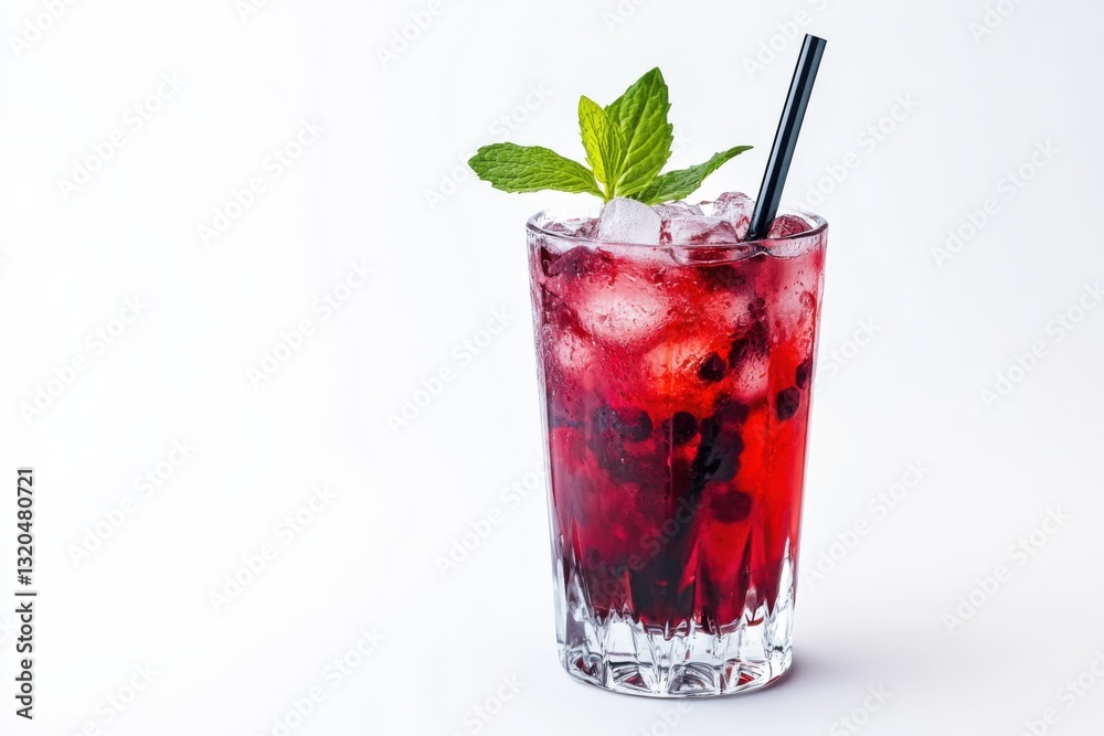Refreshing gin and tonic served in a clear glass with mint leaves and ice on a white background Refreshing gin and tonic served in a clear glass with mint leaves and ice on a white background