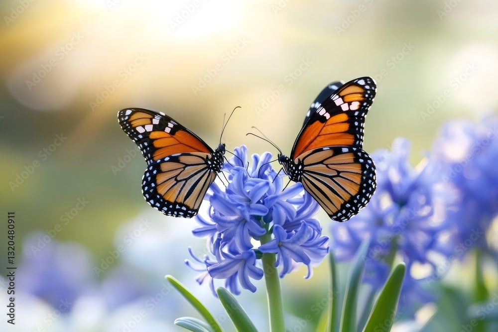Obraz premium Two monarch butterflies feeding on a blue hyacinth flower in a sunny garden