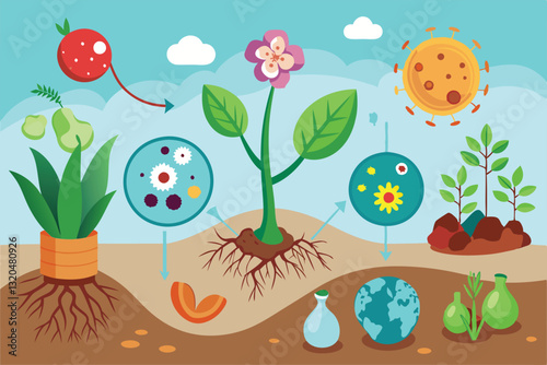 This visual illustrates the various stages in the development of flora and organic matter in ecosystems, Stages of formation of organic matter or flora,