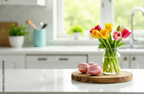 Colorful tulips and painted easter eggs on wooden tray in bright kitchen