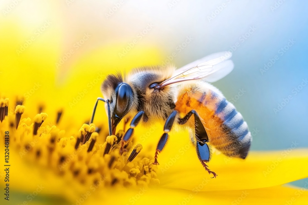 Honey bee collecting pollen on sunflower in summer Honey bee collecting pollen on sunflower in summer