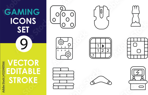 A minimalistic vector icon set featuring gaming-related elements: dice, mouse, chess pawn, circuit board, puzzle grid, board game, Jenga blocks, boomerang, and an arcade machine