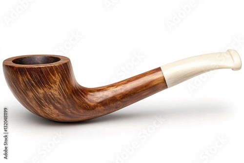 Elegant wooden smoking pipe with ivory mouthpiece lying on white background