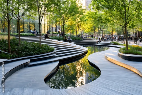 Fototapeta Naklejka Na Ścianę i Meble -  People relaxing in the modern urban park of Hudson Yards, New York City