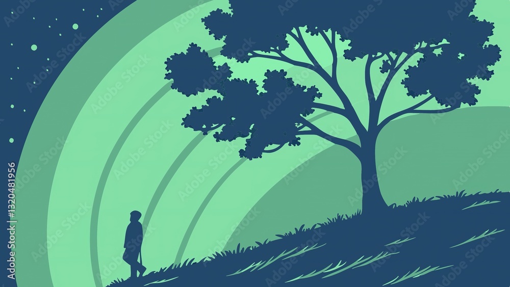 Obraz premium A Solitary Figure Strolls Beneath A Tranquil Tree At Twilight, Enjoying Serene Natures Embrace Under A Pastel Sky