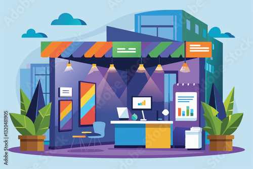 A creative workspace featuring colorful decor, modern furniture, and plants in an urban environment, Stand booth