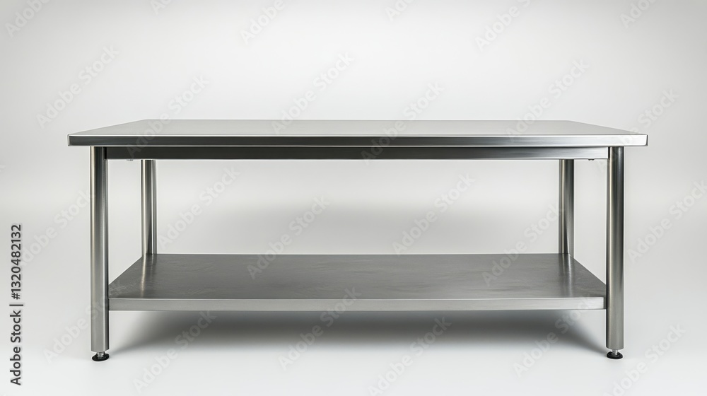 Sleek stainless steel workbench with a lower shelf, perfect for a clean and modern workspace. Sleek stainless steel workbench with a lower shelf, perfect for a clean and modern workspace.