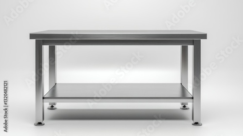 Sleek stainless steel work table with a lower shelf. Perfect for a modern kitchen or lab.