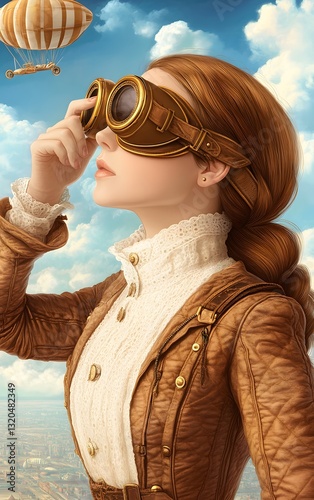 A steampunk airship captain adjusting her aviator goggles, standing on the deck of her flying ship