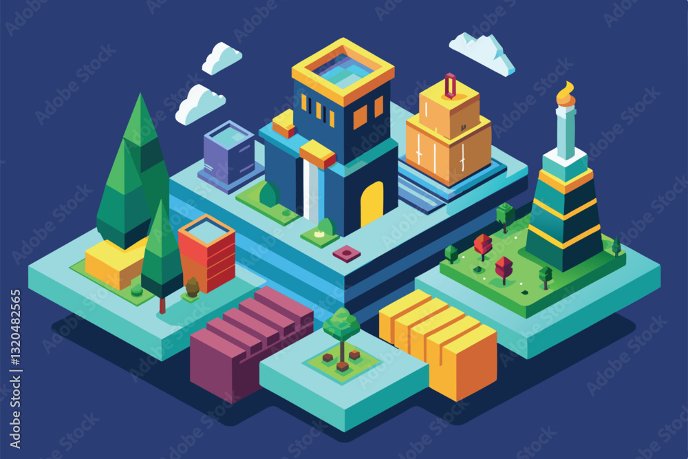 A detailed isometric layout features diverse buildings and trees arranged creatively in a colorful environment, Stand out Customizable Isometric Illustration A detailed isometric layout features diverse buildings and trees arranged creatively in a colorful environment, Stand out Customizable Isometric Illustration