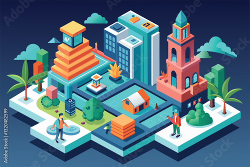 A vibrant isometric illustration features a lively city with unique buildings, parks, and active residents, Stand out Customizable Isometric Illustration