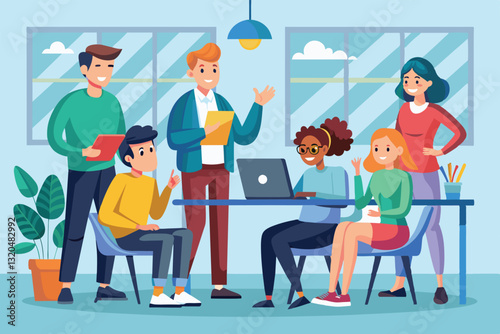 A group of engaged individuals discusses ideas during a standup meeting in a bright office space, Standup meeting Customizable Cartoon Illustration