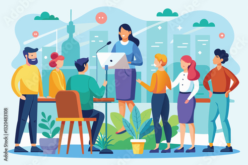 A team gathers for a standup meeting, actively engaging in discussion and sharing ideas in a modern office, Standup meeting Customizable Flat Illustration