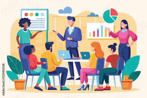 A diverse team gathers for a standup meeting to discuss project updates and review performance metrics collaboratively, Standup meeting Customizable Semi Flat Illustration