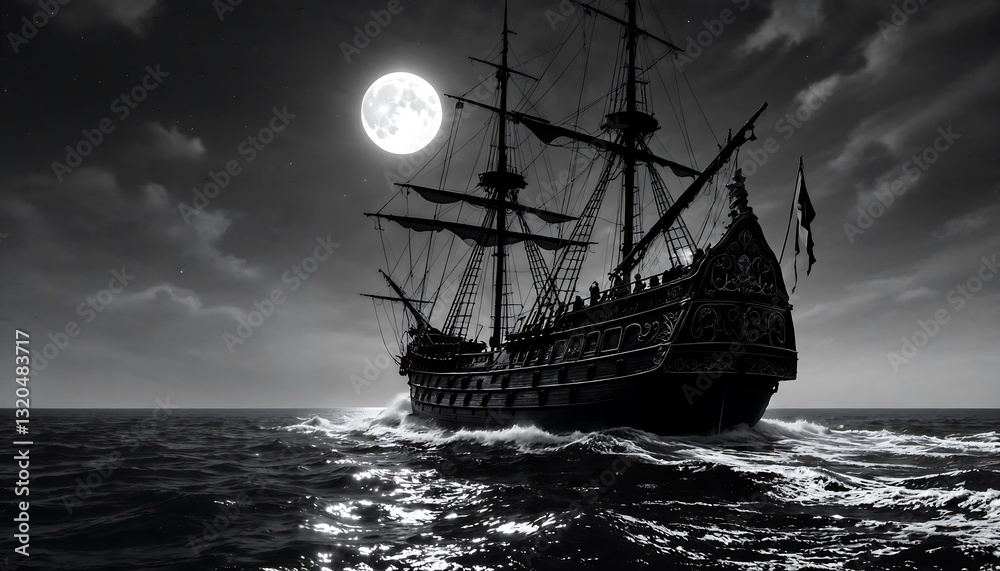 Obraz premium Sailing Ship at Night Under Full Moon in Dark Waters