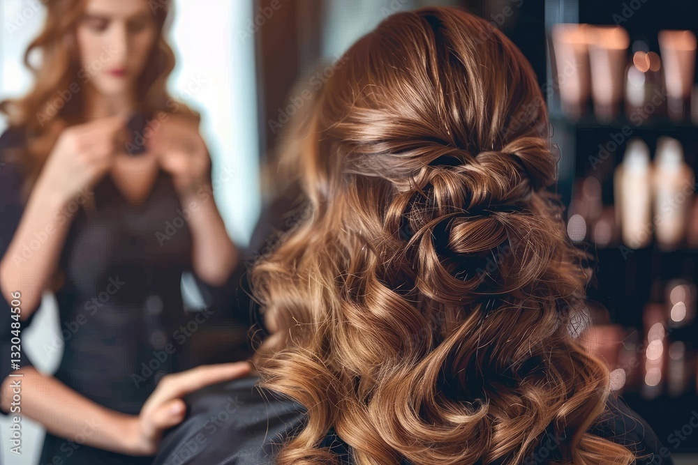 Fototapeta premium Back of woman's head with long, red black wavy straight hair in an elegant salon setting. The focus is on her hairstyle and color Perfectly styled blonde curls, showcasing hair beauty and care