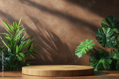 Wooden podium display with tropical plants, brown wall background