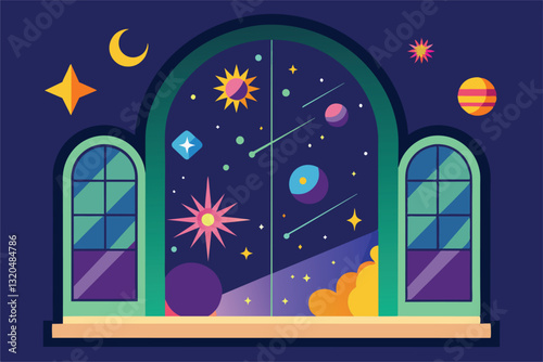 The artwork features a decorative window revealing a star-filled night sky with vibrant planetary elements, Starry window Customizable Disproportionate Illustration