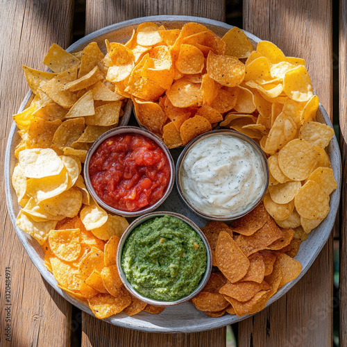 a bowl chips and various sauces platter top view